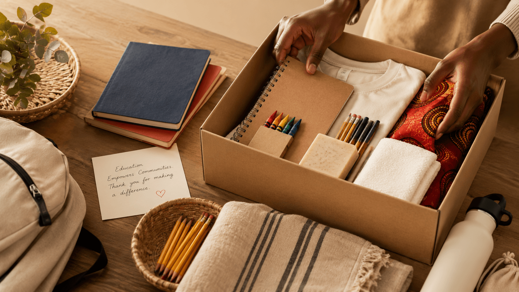 A care package being packed with a notebook, crayons, pencils, clothing, and a handwritten thank-you note