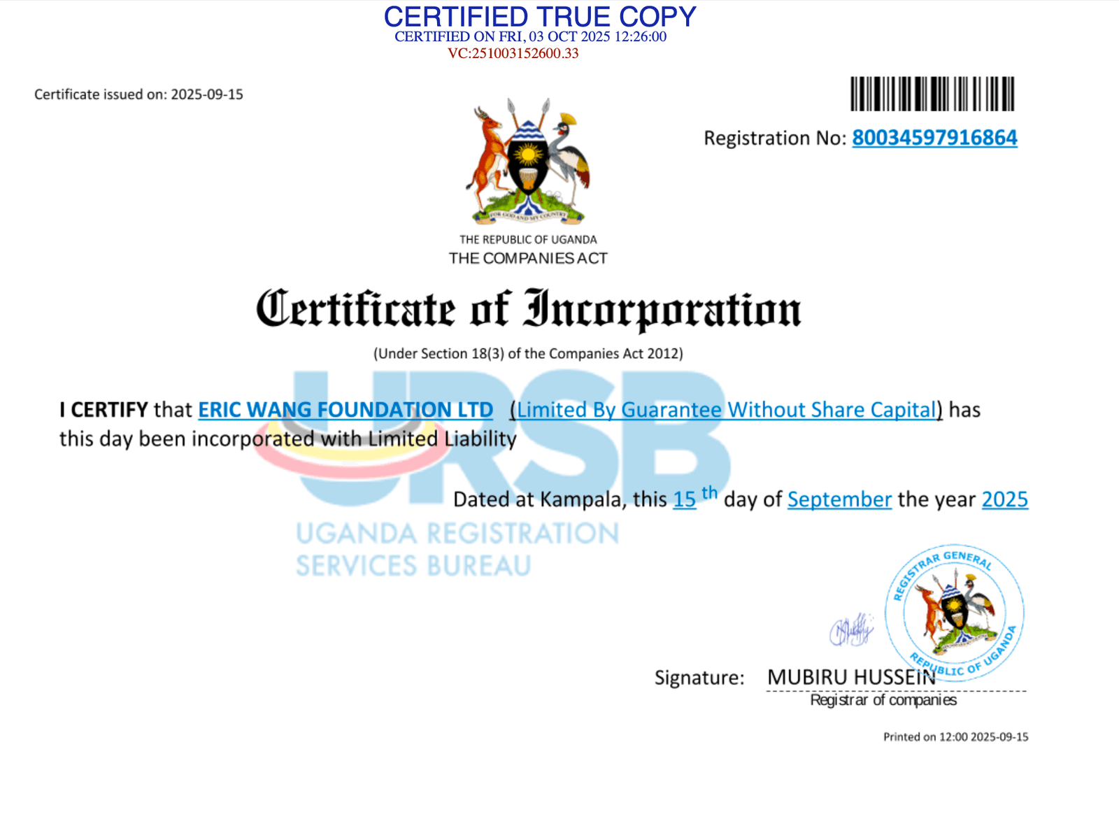 Certificate of Incorporation for Eric Wang Foundation LTD, issued by the Uganda Registration Services Bureau